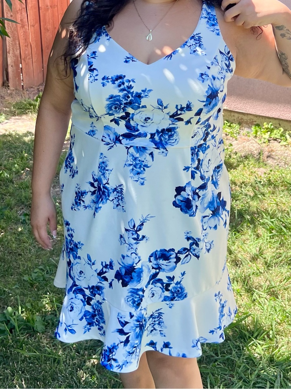 Blue Floral V-Neck A-Line Dress